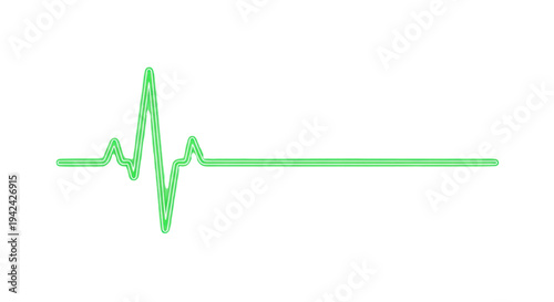 a glowing neon green EKG line displays a single cardiac cycle ending in a straight flatline on a stark white minimalist background, medical emergency concept