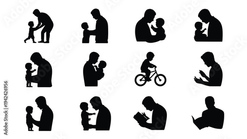 Set of black silhouettes depicting parent child bonding moments and daily activities