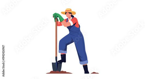 Hardworking woman in overalls and a straw hat leaning on a shovel while working in her garden on a white background.