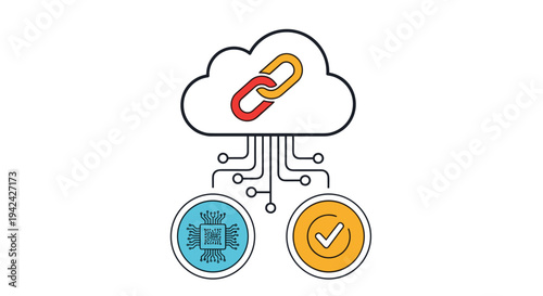Technical concept illustration of cloud computing with a link chain connected to a microchip and a checkmark icon.