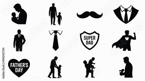 Black silhouettes of fathers and father's day icons including super dad shield and heart