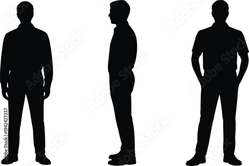 Human body silhouettes, standing posture, front and side views, casual stance, hands in pockets, design illustration reference