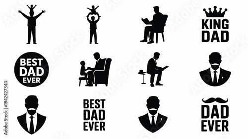Black silhouettes of fathers and fatherhood themed icons and phrases on white background for father's day