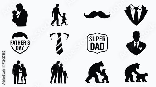 Black silhouettes of fathers and kids father's day icons super dad mustache suit tie family parenting