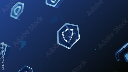 Abstract blue background featuring glowing hexagonal shield icons