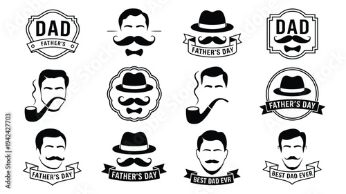 Father's day icons set with mustaches hats and pipes for celebration and gift ideas