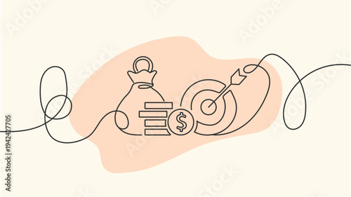 Financial Goal Concept with Money Bag and Target Line Art Illustration
