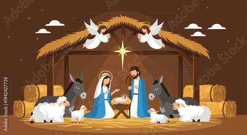 Detailed nativity scene illustration with Mary, Joseph, baby Jesus, angels, and farm animals in a wooden stable.