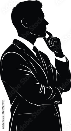 Side profile silhouette of a thoughtful businessman in a formal suit contemplating corporate strategy and future vision against a clean white background