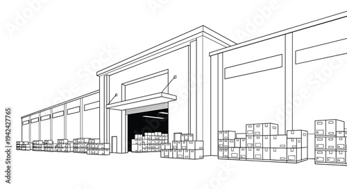 Large industrial warehouse building perspective drawing showing many stacked boxes and a wide open entrance.