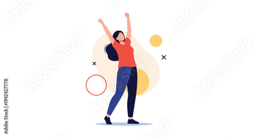 Joyful woman in a red shirt and blue trousers standing with her arms raised in a gesture of celebration and success.