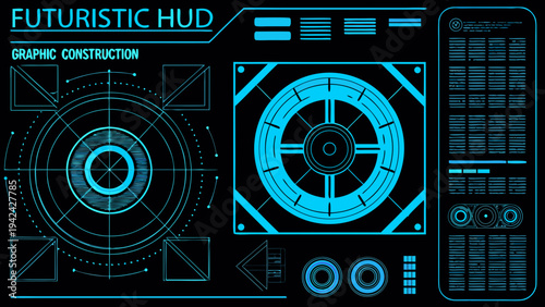 Futuristic heads up display with geometric shapes and glowing blue lines