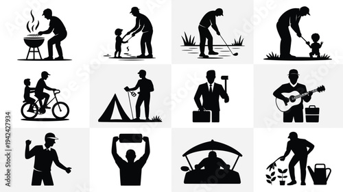 Black silhouettes of people enjoying outdoor activities and hobbies recreation and leisure camping sports music and travel icons set