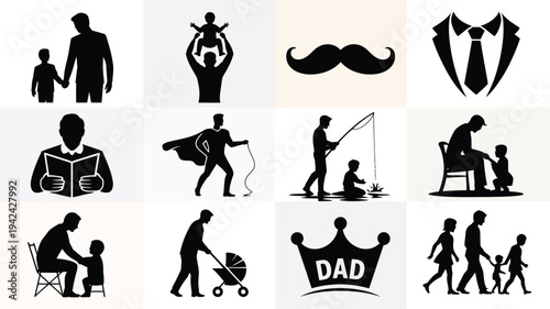 Black silhouettes of fatherhood moments and symbols on white background for father's day