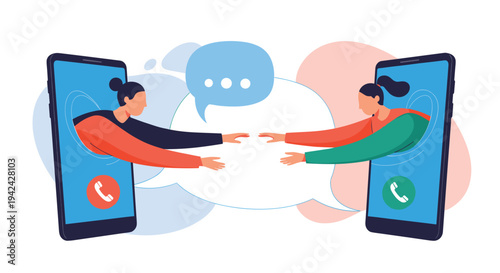 Concept illustration of two women reaching out from their smartphone screens toward each other representing digital connection and communication.