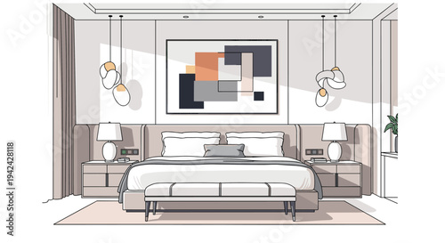 Elegant modern bedroom interior design featuring a large bed with a padded headboard, stylish lamps, and abstract artwork on the wall.
