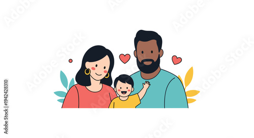 Warm and happy family portrait featuring a diverse couple and their young child surrounded by hearts and decorative leaves.