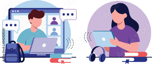 Online learning and virtual classroom illustration with students using laptop and tablet, representing remote education, e learning technology, digital study and distance education concept