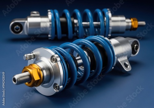 Close-up view of blue and silver car suspension springs and shock absorbers isolated on white background