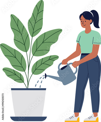 Woman watering houseplant cartoon illustration showing indoor plant care, home gardening activity, eco lifestyle and plant nurturing concept for modern living