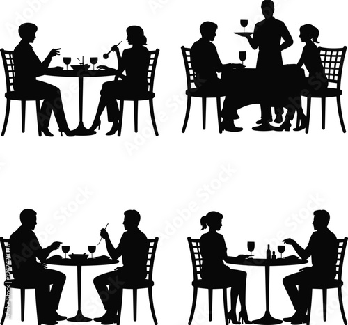 Restaurant dining silhouettes, couples and friends eating, waiter serving wine, social interaction, food and drink, lifestyle illustration