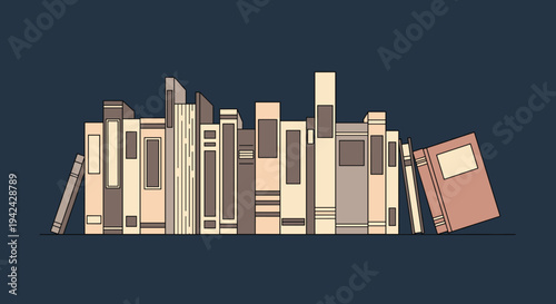 Library shelf filled with a row of diverse books in various sizes and earth-toned colors against a dark background.