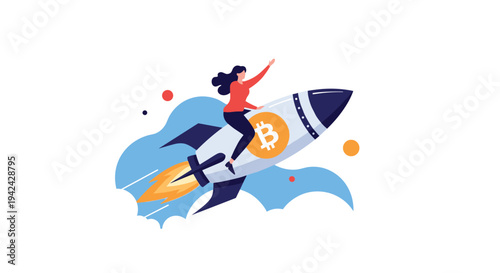 Empowered woman riding a space rocket emblazoned with a Bitcoin logo flying through the air representing cryptocurrency growth.