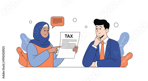 Diverse professional interaction featuring a woman in a hijab discussing a tax document with a businessman in a suit.