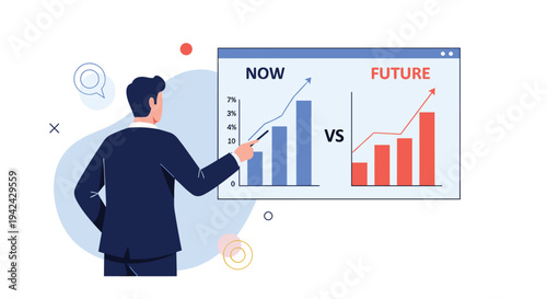 Professional man in dark suit points to large data chart comparing current status and future projections for business growth analysis.