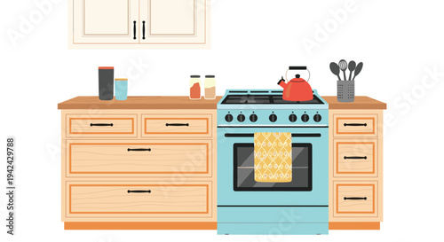 Modern kitchen interior featuring light blue gas stove with red kettle on countertop alongside wooden cabinets and kitchen utensils.