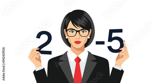 Professional woman with glasses and a red tie holds the numbers two and five representing mathematical or statistical data analysis.