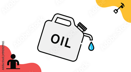 Plastic oil canister with a drop coming out of the spout represents industrial lubricants or fuel in a simple vector graphic icon.