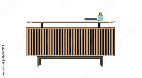 Stylish mid-century modern wooden sideboard with vertical slats and objects on top for home interior decoration and furniture design.