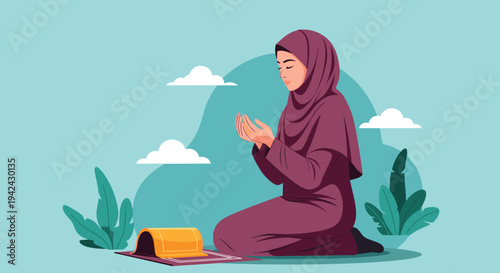 Young Muslim woman in a purple dress and hijab kneeling on a prayer mat in a peaceful outdoor setting with clouds and plants.