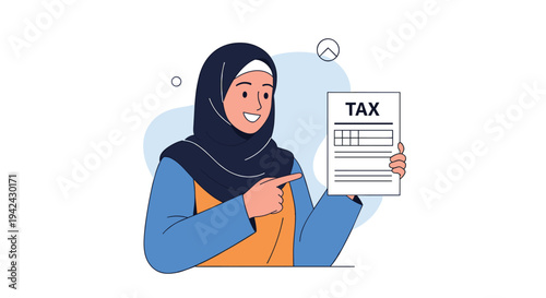Smiling woman wearing a hijab points to a tax document she is holding to represent financial literacy and civic responsibility.