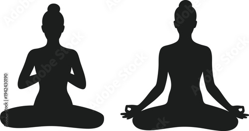 Yoga meditation silhouettes, women in seated poses, mindfulness practice, prayer mudra, relaxation, wellness lifestyle illustration design