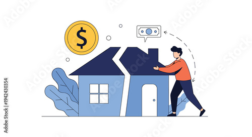 Man trying to push together a cracked blue house while a floating coin and money bill suggest property repair or financial recovery concepts.