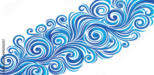 Intricate blue swirls illustration showcasing fluid dynamics in a decorative pattern from a direct viewpoint