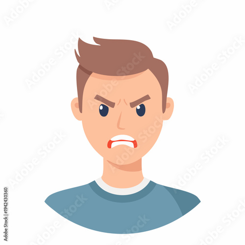 Angry man face with frustrated expression flat illustration