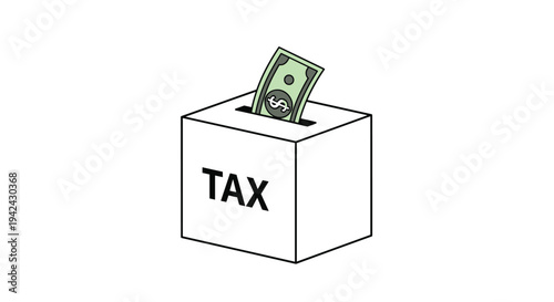 Single green dollar bill being inserted into a white box labeled TAX to represent tax payments and government revenue collection.