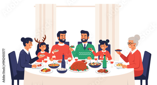 Large multi-generational family happily enjoying a festive dinner together with a roasted turkey and many side dishes on a round table.