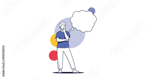 Pensive man standing with a hand on his chin next to a large blank thought bubble for creative brainstorming and decision making.