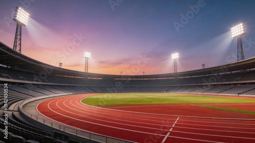 Stadium Sunset: An empty stadium at sunset, the track and field illuminated by bright stadium lights, with an inspiring view of dusk sky.