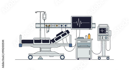 Empty modern hospital room equipped with a medical bed, monitors, IV stand, and diagnostic equipment for professional patient care.