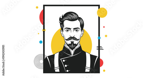 Stylish portrait of a man with a groomed mustache and beard in a framed illustration with geometric shapes for creative gentleman theme.