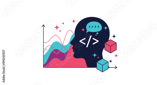 Silhouette of a human head containing code symbols next to colorful data charts and 3D cubes for technology analysis and thinking.
