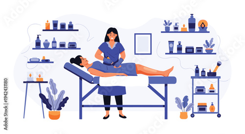 Woman receiving a body treatment from a therapist in a relaxing spa environment with shelves of beauty products for personal wellness.