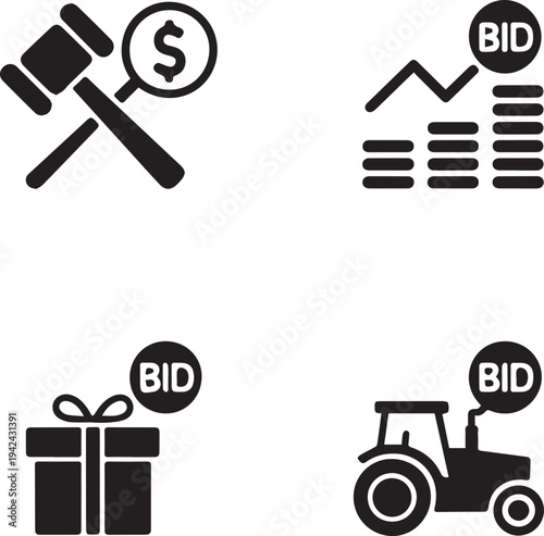 Four black with bid symbols representing construction, real estate, gifts, and machinery hammer desi
