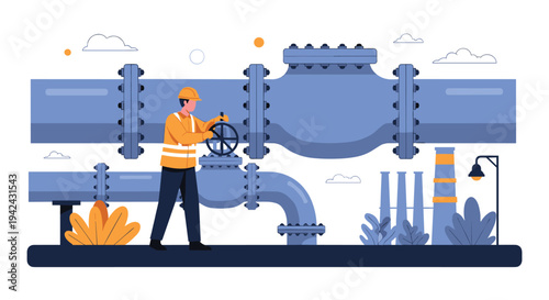 Industrial worker in safety gear turning a large wheel valve on a pipeline in a factory or utility facility for maintenance tasks.