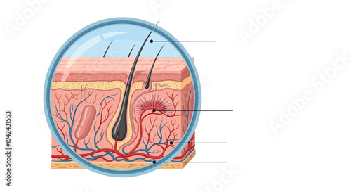 Detailed anatomical diagram of skin layers and hair follicle shown through a magnifying glass for dermatology and medical education.